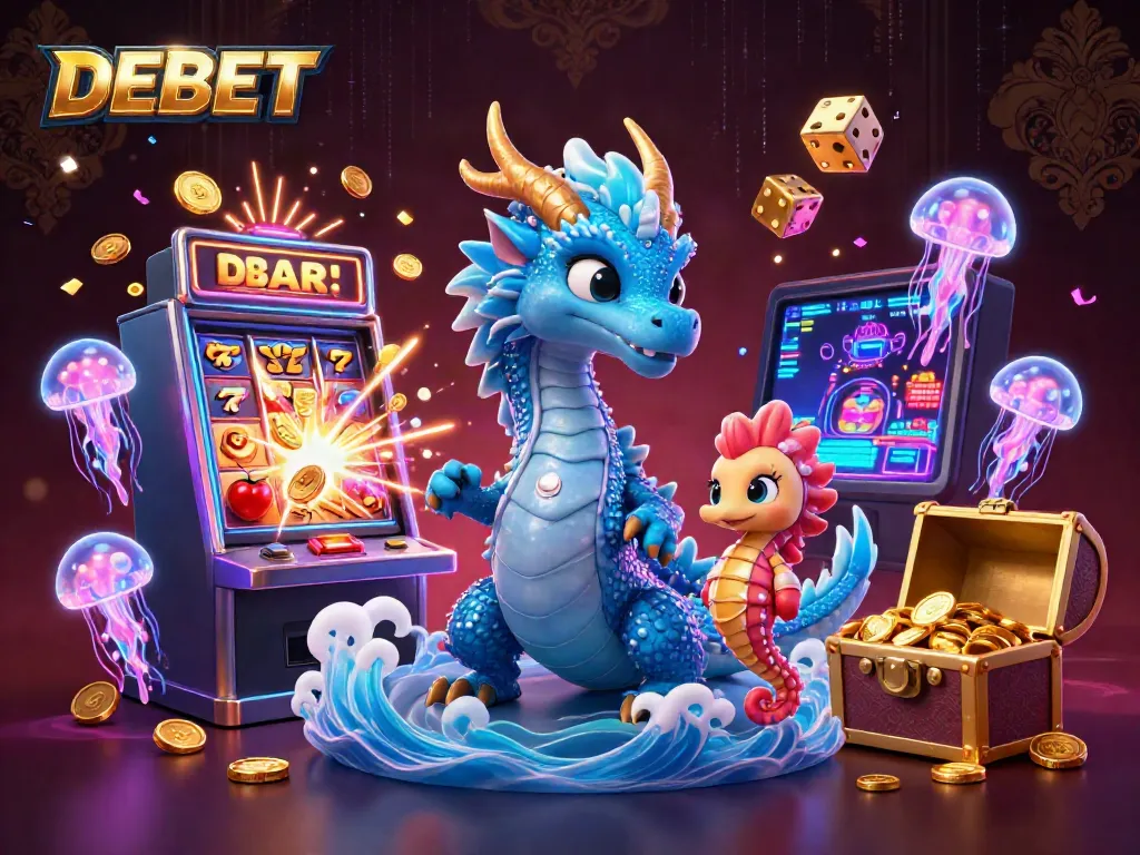 Experience DEBET's vibrant casino world featuring a dragon, seahorse, and glowing jellyfish.