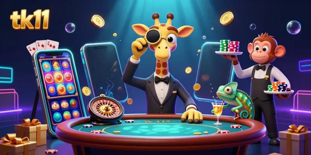 Engaging scene with tk11 characters at a casino table, highlighting vibrant gaming elements and immersive atmosphere.