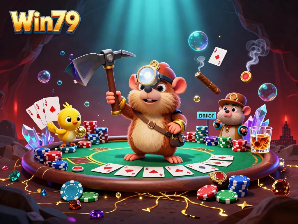 Win79 gamers relish virtual poker with vibrant gold and poker chips illuminating the digital cave.