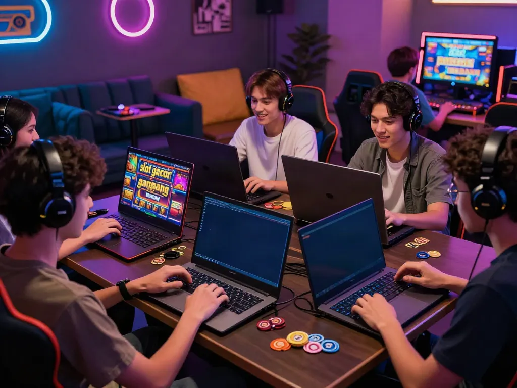 Diverse friends enjoying slot gacor gampang menang games in a trendy gaming lounge.