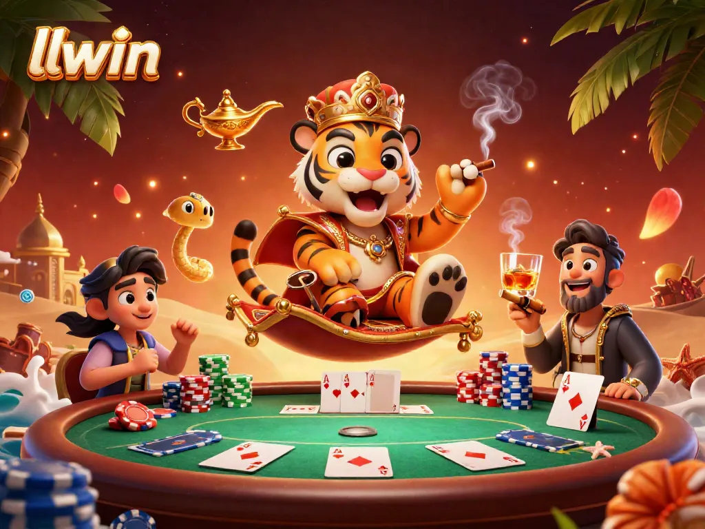 Experience exciting gaming at llwin with vibrant scenes featuring poker elements and a magical tiger sultan.