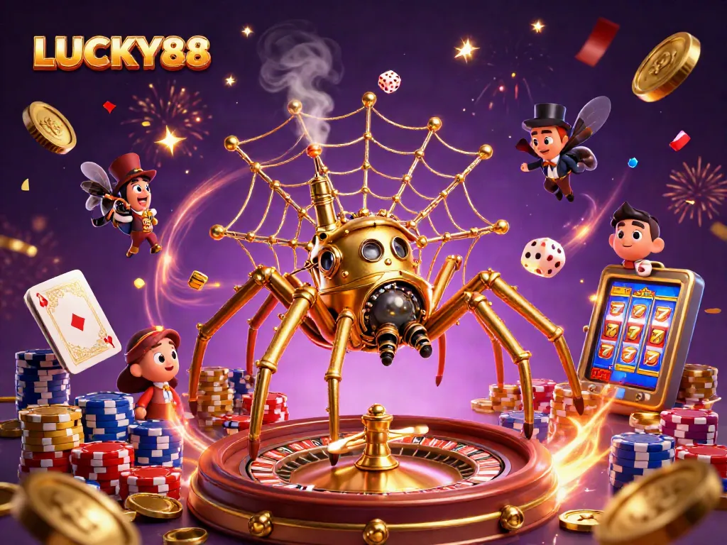 LUCKY88 entices players with a captivating casino scene full of gold coins, cards, and energy.
