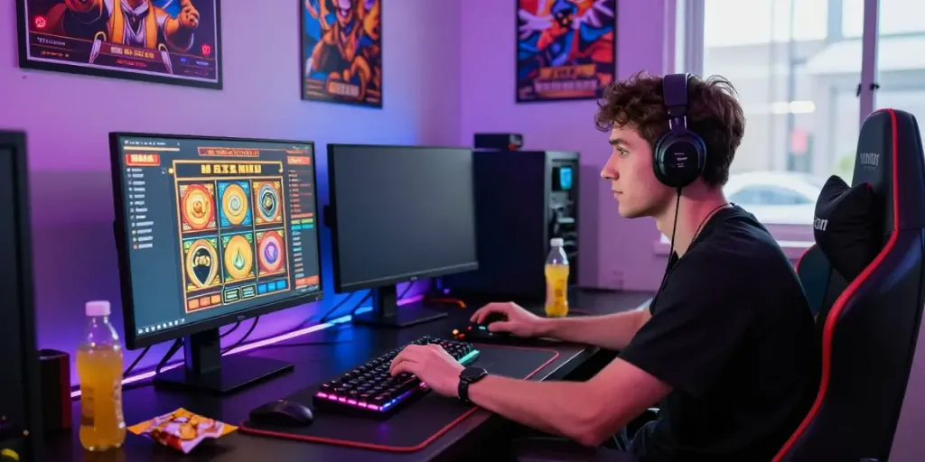 Professional gamer focused on slot gacor game setup with vibrant lighting and gaming gear.