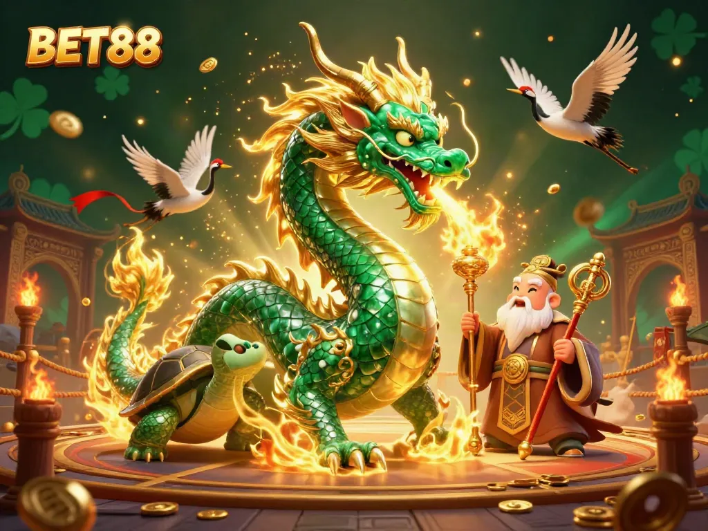 Experience thrilling adventures with BET88, featuring a dragon and lucky cranes amidst casino-inspired elements.