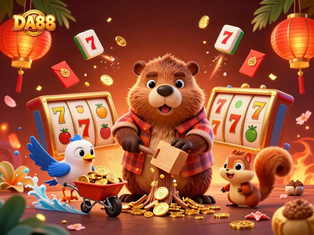 DA88 showcases a lively casino scene with characters engaging in slot games amid a shower of golden coins.