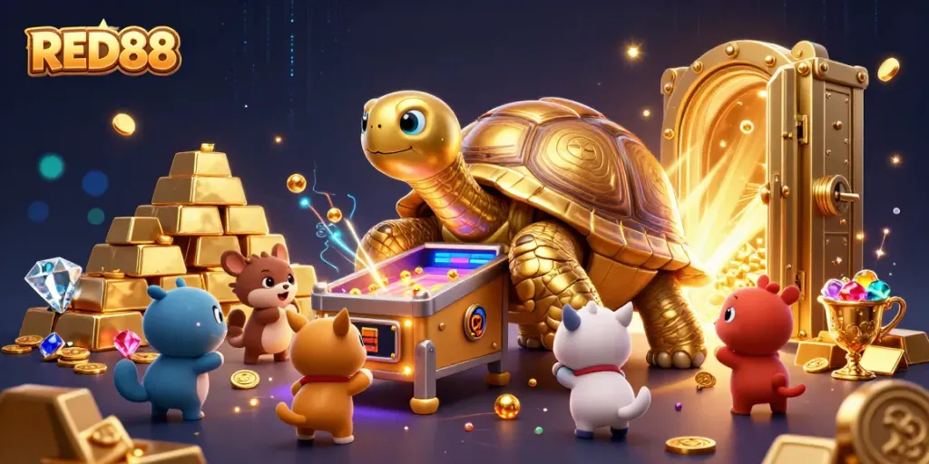 Play vibrant casino games with RED88 at a colossal tortoise pinball machine surrounded by treasure.