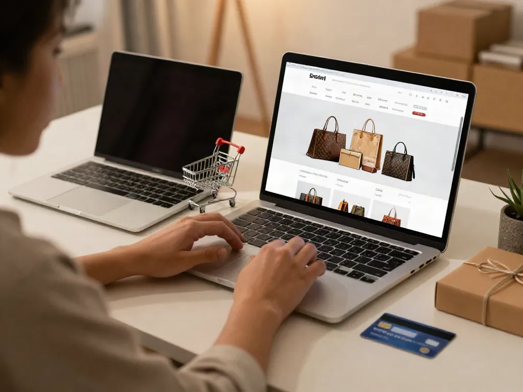Online shopping scene featuring a luxury replica shop with products and shopping cart