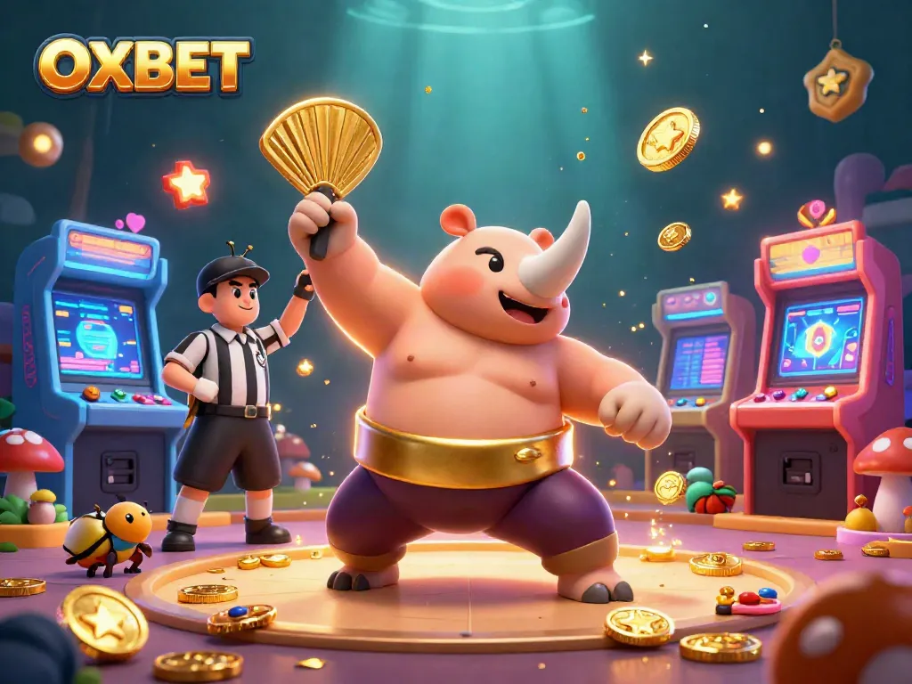 OXBET celebrates winning moments in a vibrant 3D scene with a sumo beetle champion amid sparkling coins.