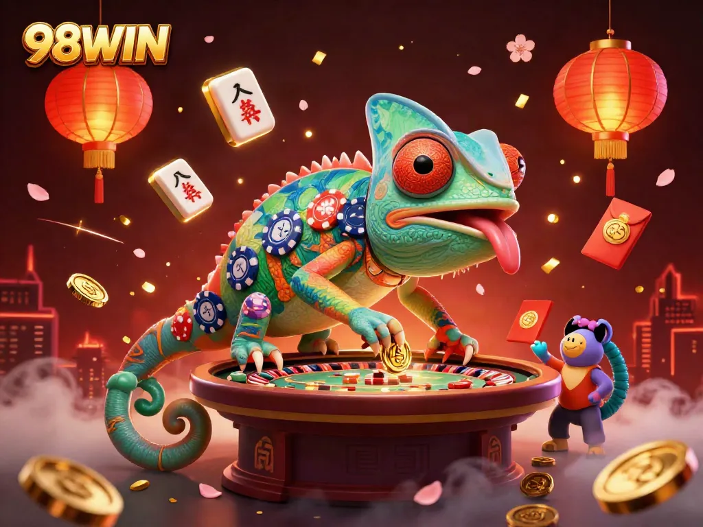 Experience the excitement of 98WIN with a chameleon casino owner amidst golden coins and festive decorations.