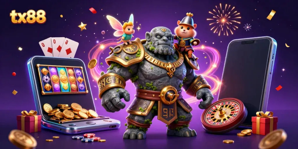 Experience the excitement of tx88 with a magical scene featuring a golem, fairy, and hamster knight in a vibrant casino setting.