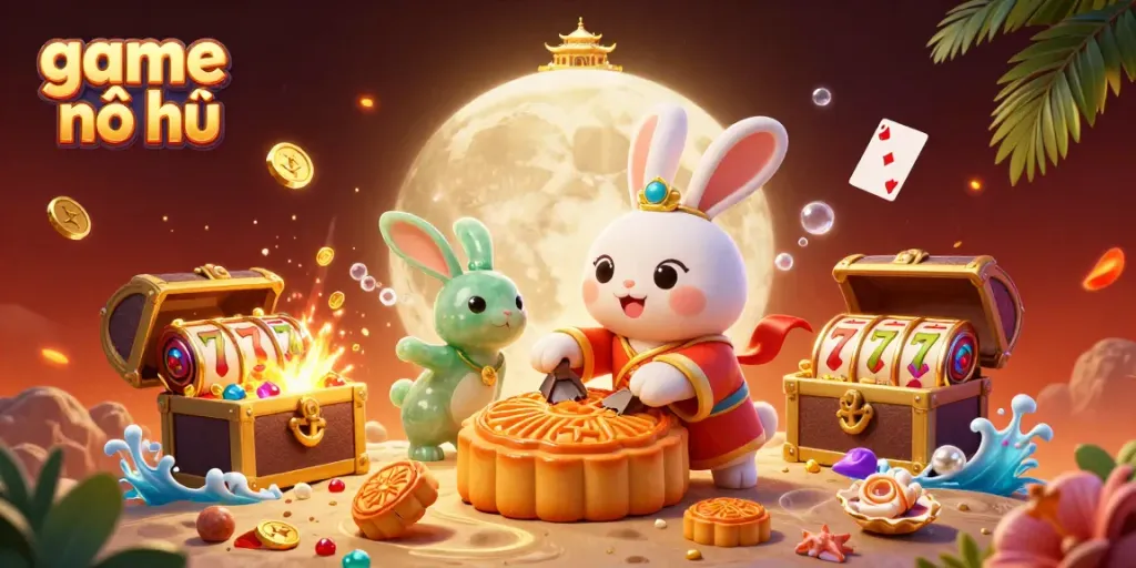Experience thrilling game nổ hũ action with a lunar scene of vibrant characters and rich casino symbols.