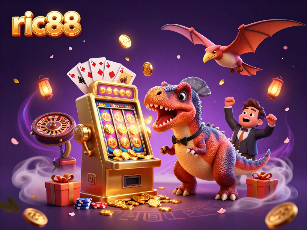 Experience the excitement of ric88 as a pachycephalosaurus battles a golden slot machine in a vibrant casino.