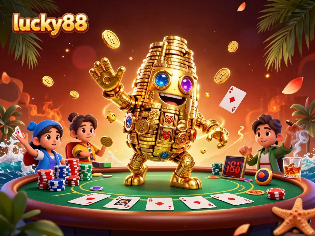 Experience thrilling gameplay at lucky88 with a lively golden golem and poker elements.
