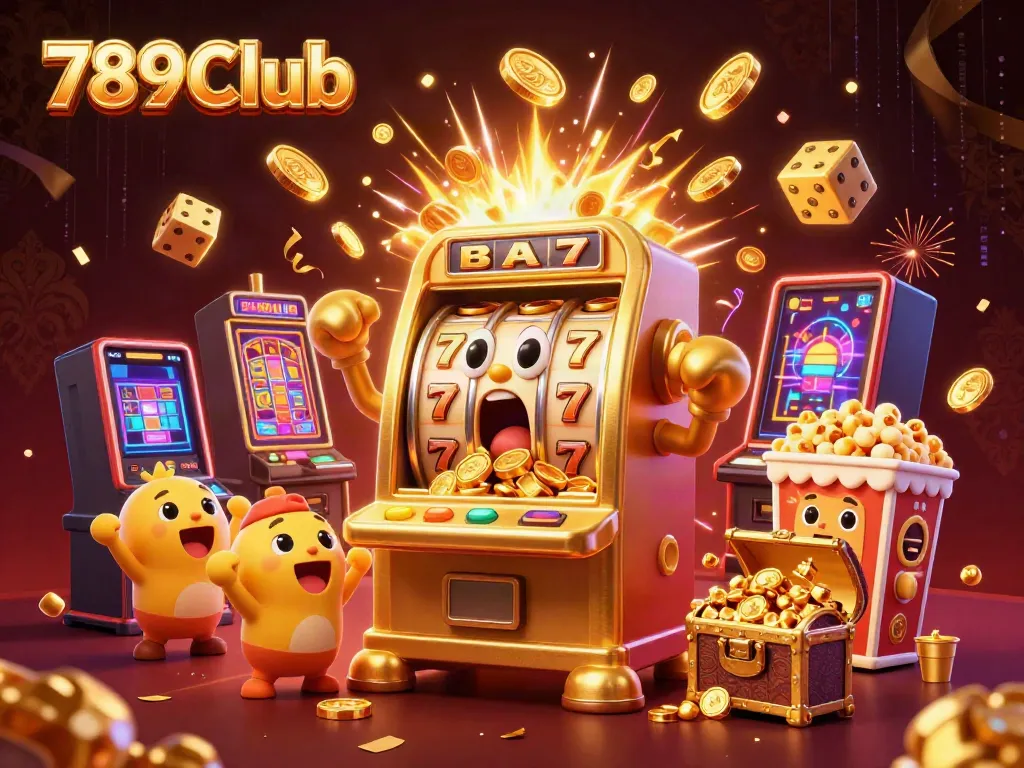 A thrilling 3D scene from 789Club showcasing a golden slot machine hitting a jackpot amidst dancing baby slots and a popcorn machine.