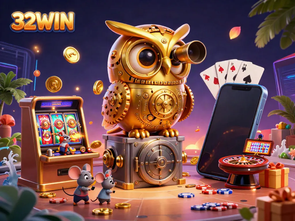 Engage with thrilling slot games at 32WIN, featuring a golden owl surveying a bustling casino environment.