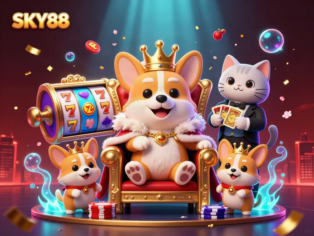 Engage with thrilling slots at SKY88, featuring dynamic symbols and vibrant characters in a lively casino scene.