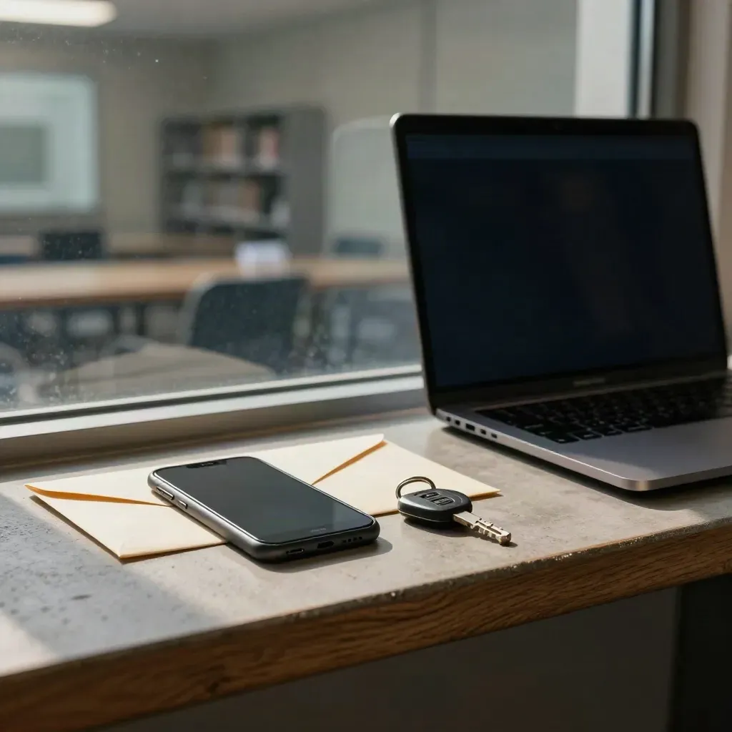 Telefon, zamknięta koperta i klucz bezpieczeństwa obok laptopa w ciemnym świetle.