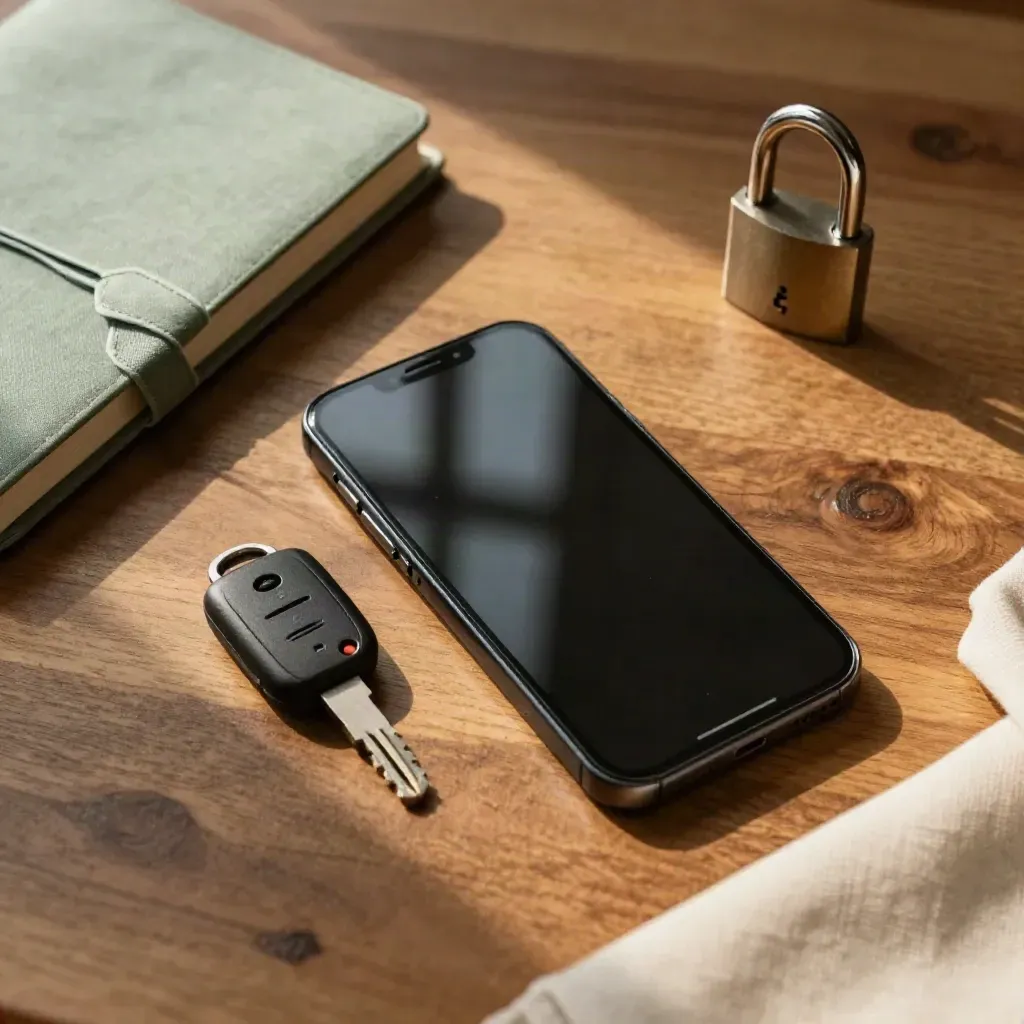 Z góry: telefon, klucz sprzętowy, zamknięty notes haseł i kłódka na drewnianym biurku.