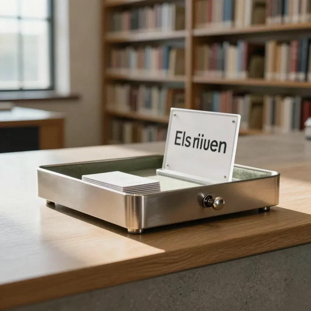 Lada biblioteczna z tacką zwrotów, kartami dostępu i zamkniętą szufladą w jasnym świetle