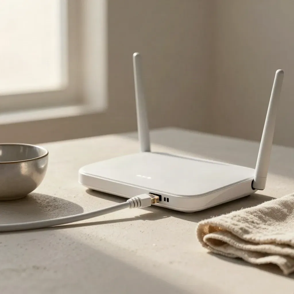 Zwinięty kabel ethernet, router i lniana ściereczka na jasnej, matowej powierzchni.