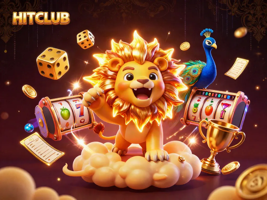 Experience the HITCLUB thrill with dynamic 3D casino illustrations showcasing roaring characters and vibrant game elements.