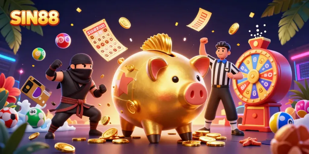 SIN88 promotes winning strategies with vibrant visuals of a golden piggy bank sumo wrestler and sports elements.