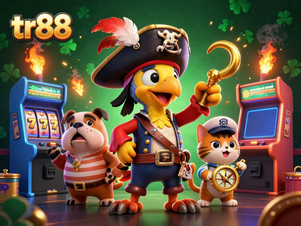 Join the excitement at TR88 as a pirate captain parrot leads a lively casino adventure with classic gaming symbols.