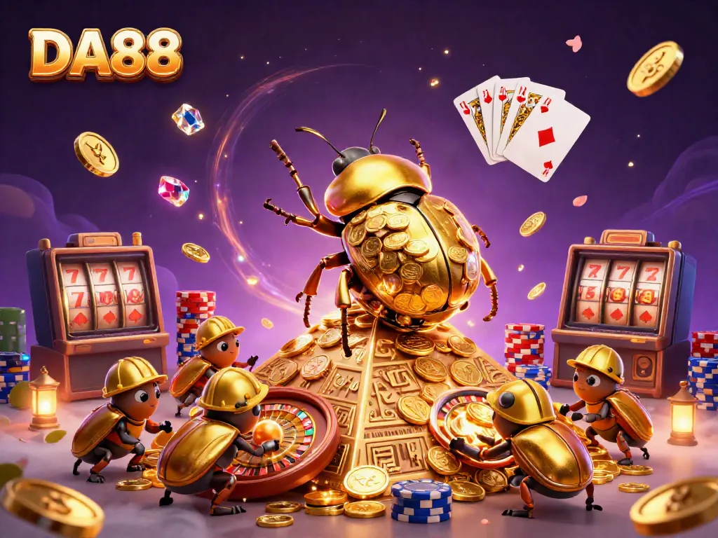 DA88 engages players with a vibrant 3D scene of golden beetles rolling coins and active casino symbols.