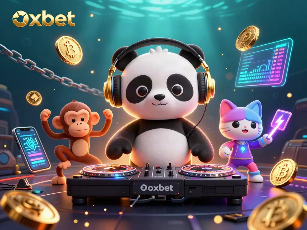 Engage with oxbet's dynamic gaming scene featuring a DJ panda, breakdancing monkey, and rave kitten.