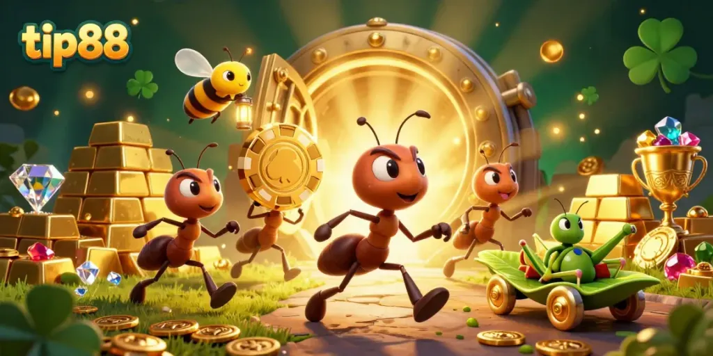 Engage in thrilling action with tip88 as ants carry a giant poker chip in a vibrant casino-themed heist.