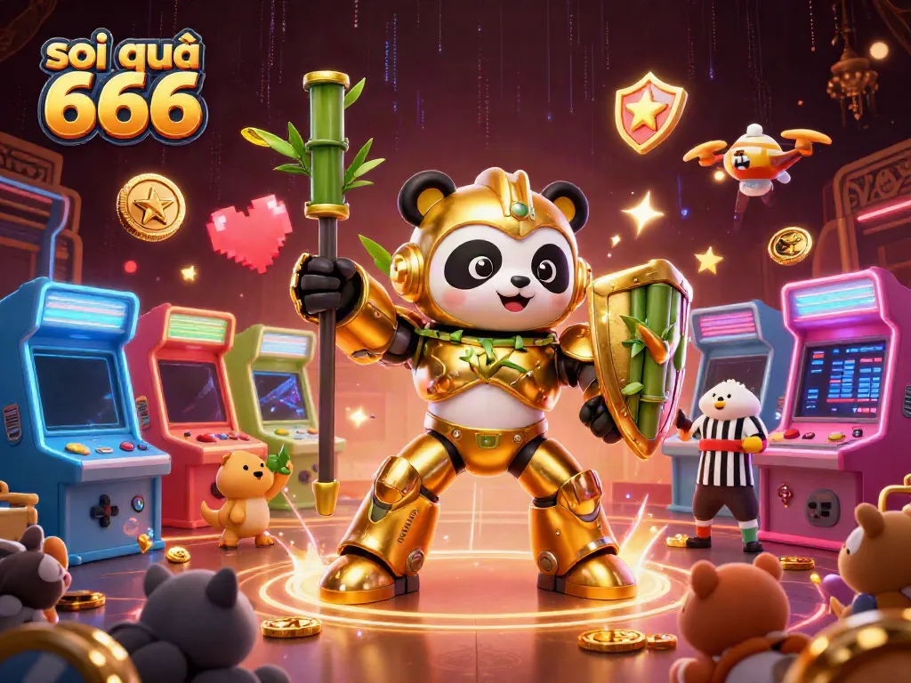 Soi cầu 666-inspired 3D illustration with a golden panda in a mech-suit battling in a vibrant casino arena.