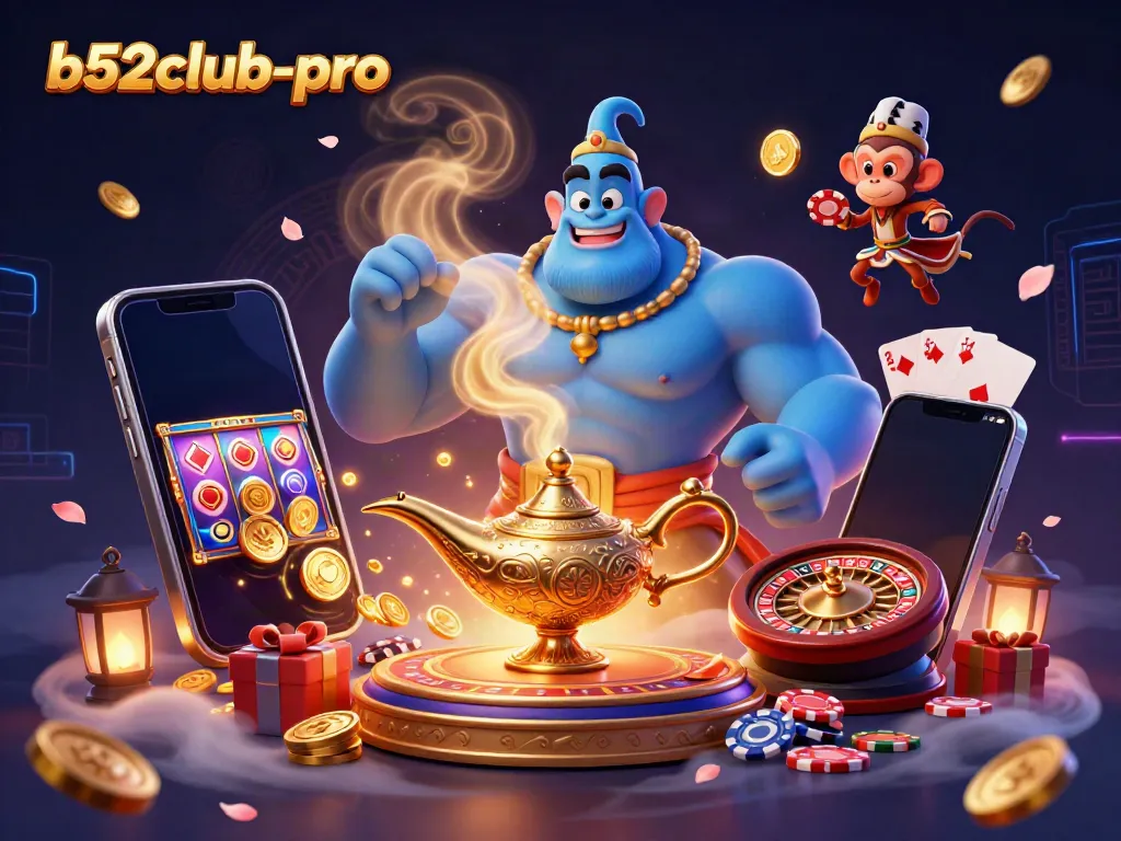 Engage with the vibrant casino adventure of b52club-pro featuring a genie, poker chips, and colorful gaming elements.