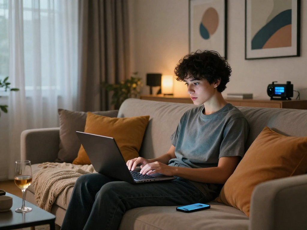 A cozy living room scene highlighting engaging ai sex chat on a laptop, blending modern aesthetics and technology.