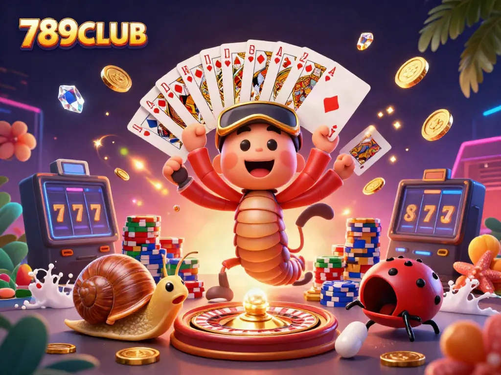 Experience the excitement of 789CLUB with a vibrant 3D cartoon casino scene featuring a millipede dealer, snail high-roller, and pill bug.
