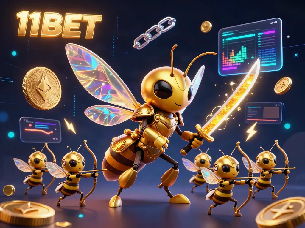 Engage in thrilling betting at 11BET with dynamic crypto elements and colorful casino scene.
