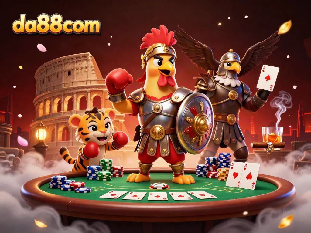 Engage with the thrilling world of da88com, showcasing a lively casino scene featuring poker action and vibrant characters.