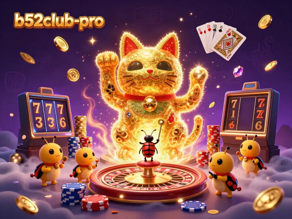 Engage with b52club-pro's exciting casino world through a vibrant illustration of magical elements and symbols.