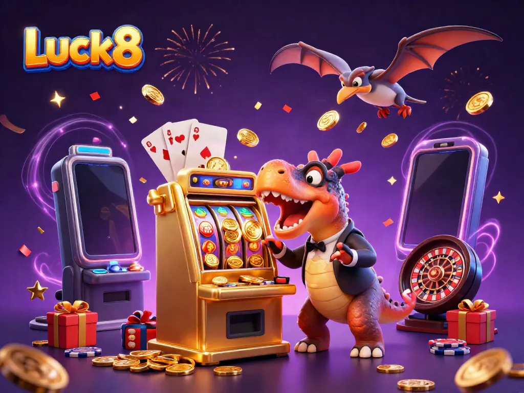 Luck8 showcases a dynamic scene with a pachycephalosaurus celebrating a slot jackpot amidst flying coins.