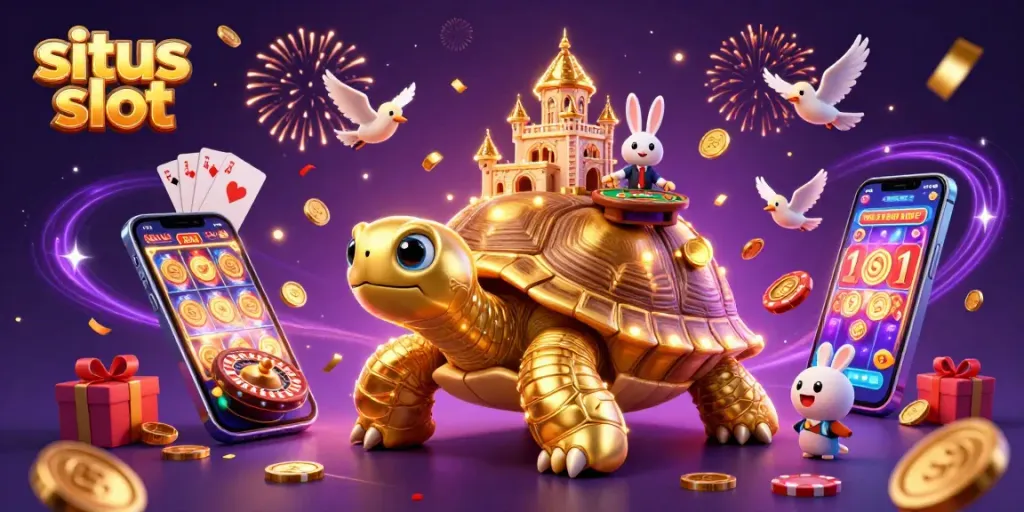 Engage with situs slot games featuring colorful 3D illustrations of a golden tortoise casino and dynamic elements.