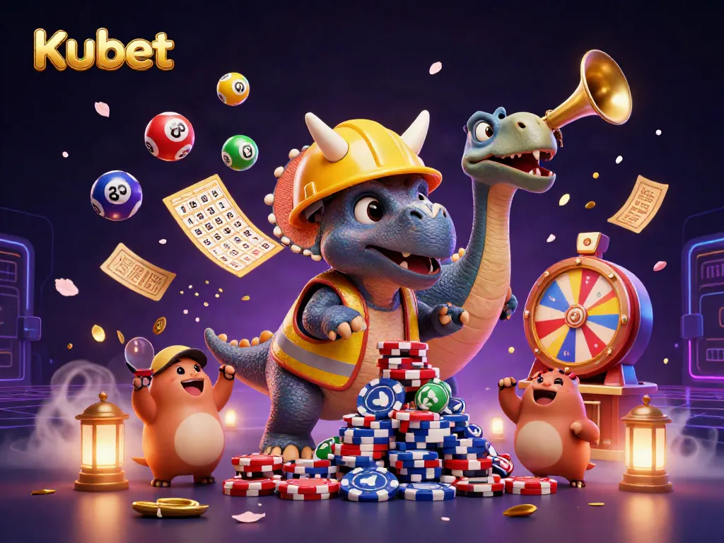Kubet showcases a lively 3D casino scene with characters building poker chip pyramids amidst vibrant lottery elements.