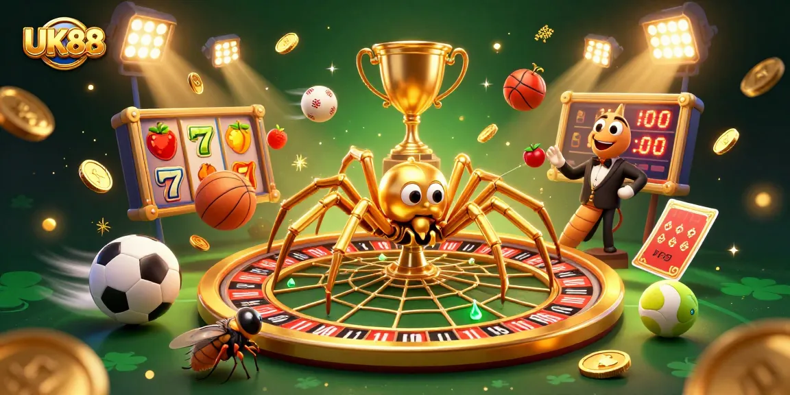 Experience the thrill of betting with UK88 in this vibrant illustration featuring a roulette wheel and casino elements.