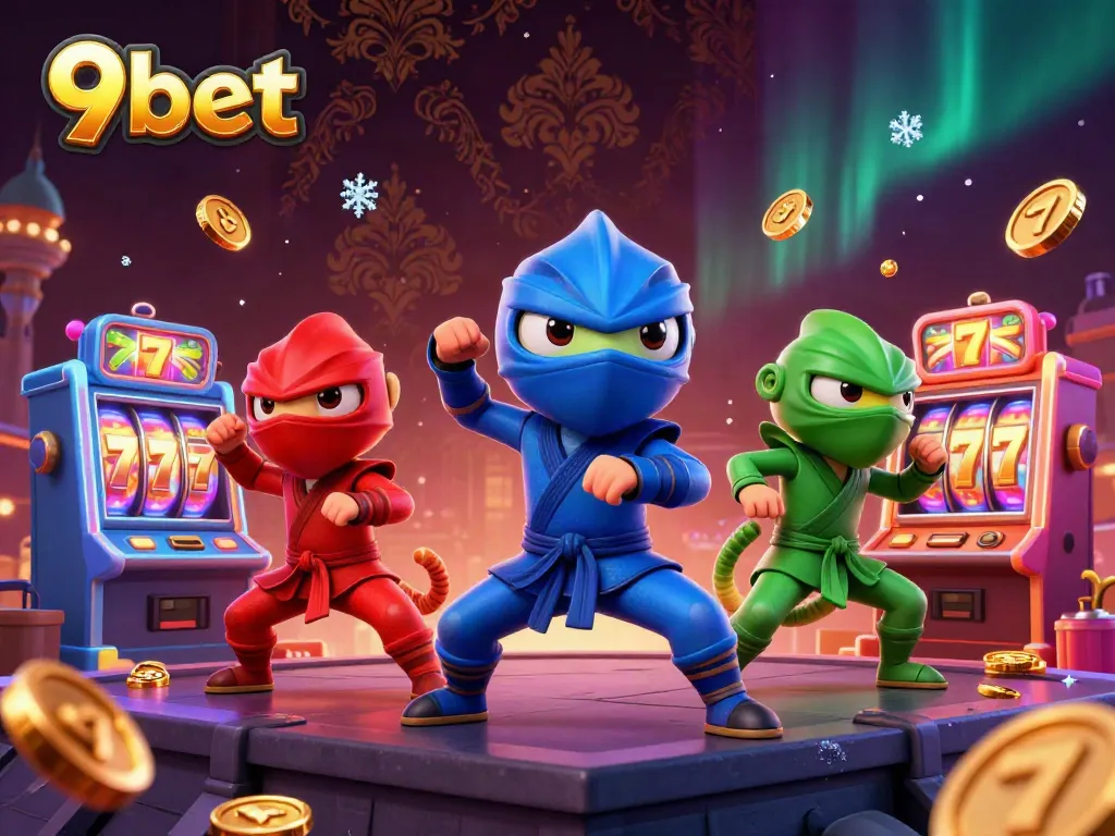Experience the thrilling world of 9bet with dynamic chameleon ninjas amidst vibrant slot machines.