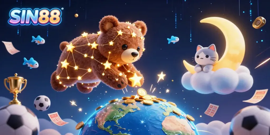 Scoop coins while betting with SIN88's vibrant constellation scene filled with energy and sports items.