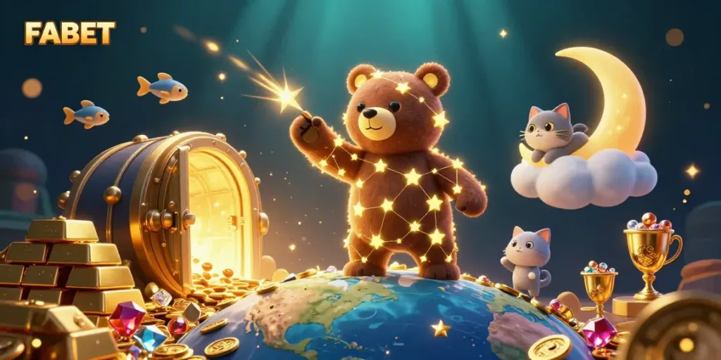 FABET casino experience with constellation bear scooping coins amidst vibrant treasures and starry companions.
