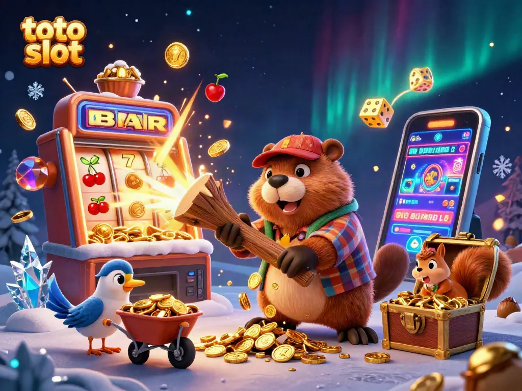 Play exciting toto slot games with colorful jackpots and whimsical characters in a vibrant casino scene.