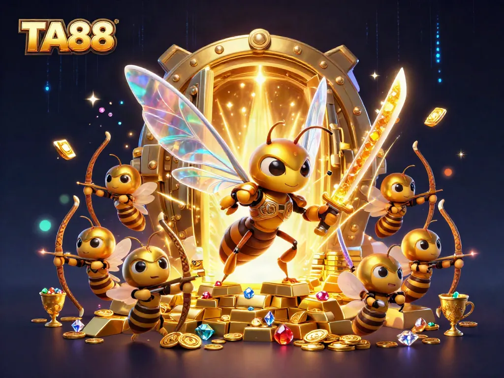 Engage with TA88's vibrant casino landscape featuring dynamic characters and golden treasures.