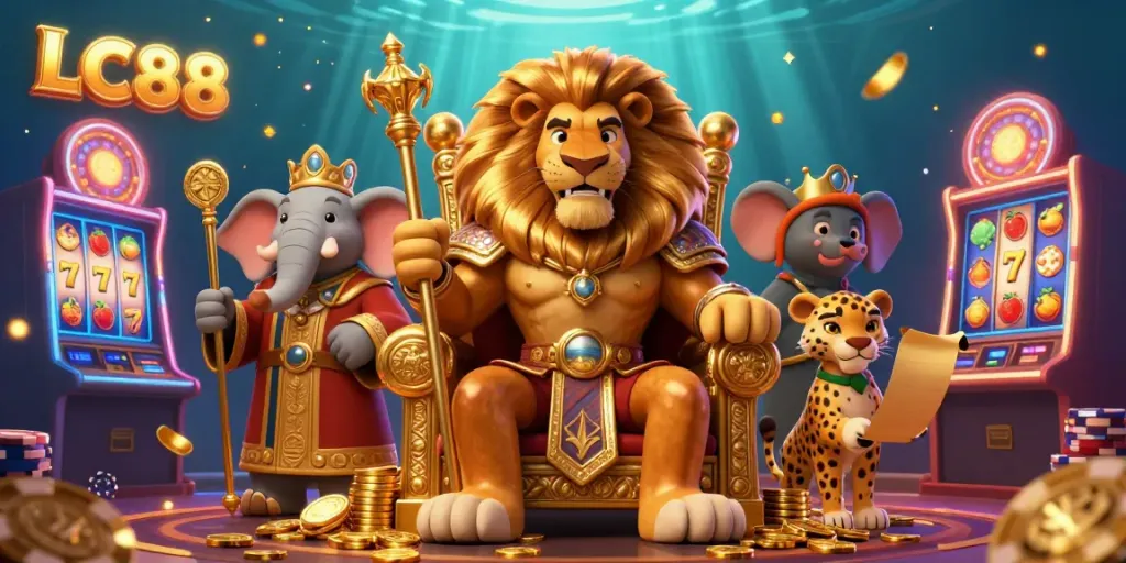 Experience the thrill of LC88 with a lion king, wise elephant, and cheetah in a vibrant casino scene.
