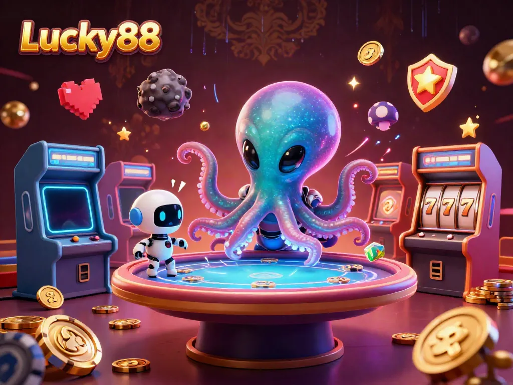 Experience the thrill of Lucky88 with an octopus dealer at a holographic poker table, amidst vibrant gaming visuals.