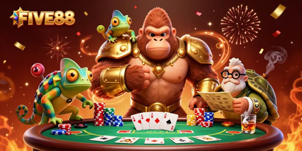 Experience the vibrant action at FIVE88 with a lively 3D casino scene featuring unique characters and dynamic gameplay elements.