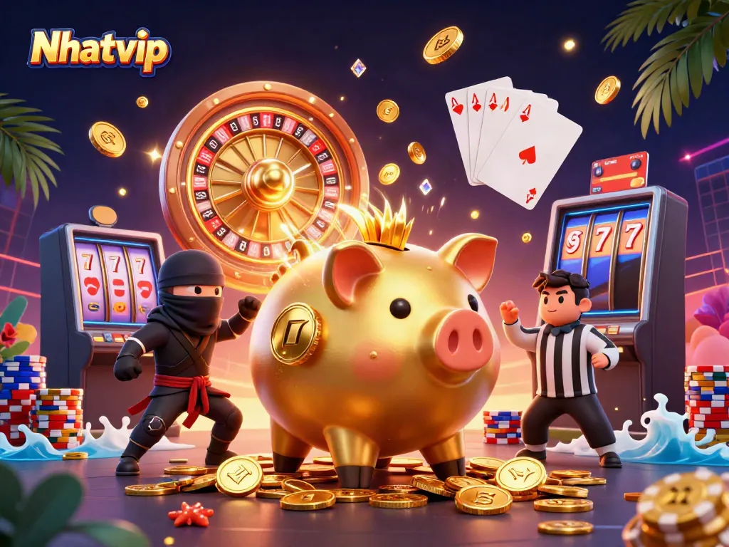 Nhatvip's vibrant card game showdown featuring a sumo-wrestler piggy bank, wallet ninja, and credit-card samurai amidst cascading coins.